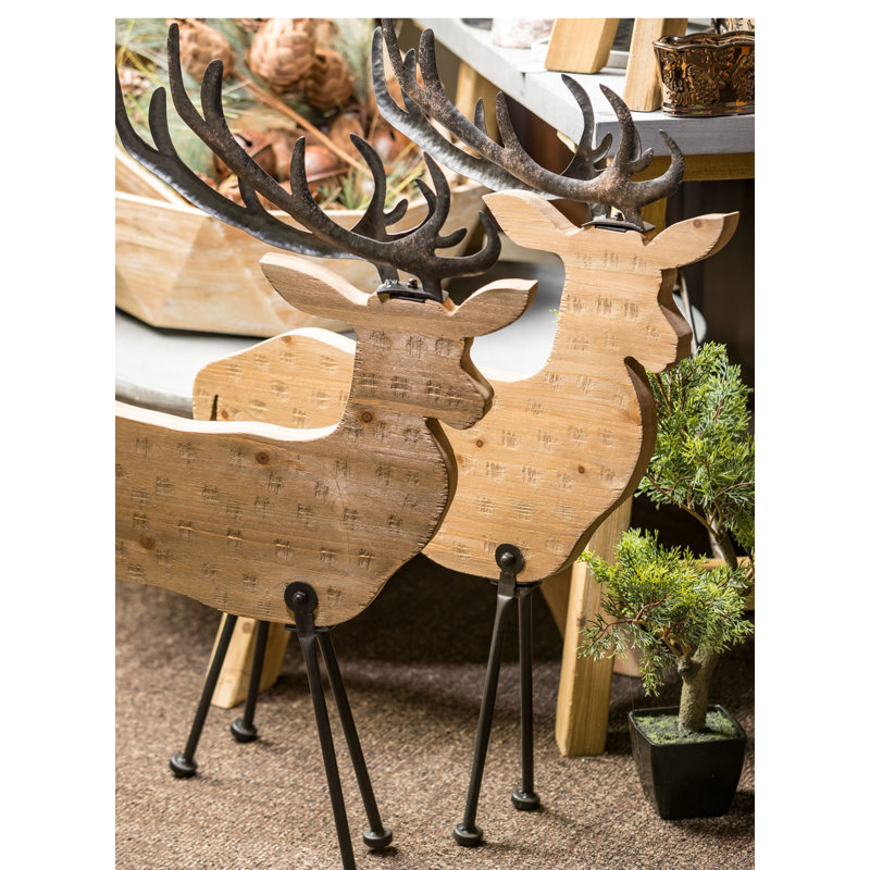 2 Piece Wood and Metal Reindeer Decor Set Birch Lane
